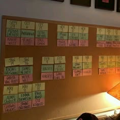 a bulletin board with sticky notes attached to it and a lamp on the desk next to it