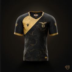 a black and gold soccer jersey with an eagle on the chest, in front of a dark background