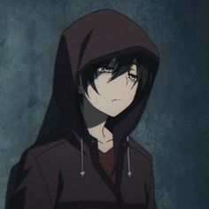 an anime character wearing a hoodie with his eyes closed and staring at the camera