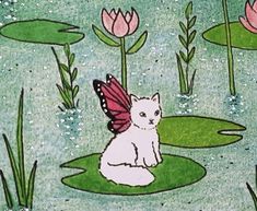 a drawing of a cat sitting on top of a lily pad with a butterfly flying over it