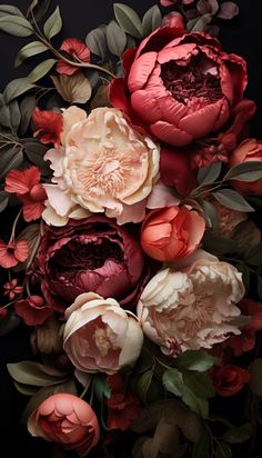 an arrangement of red and pink flowers on a black background