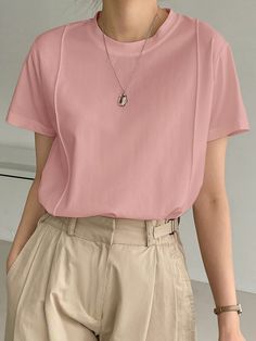 Baby Pink Casual Collar Short Sleeve Fabric Plain  Embellished Medium Stretch  Women Tops, Blouses & Tee Light Pink T Shirt Outfit, Plain T Shirts For Women, Pale Pink Shirt Outfit, Light Pink Tshirt Outfit Women, Pink Tshirt Outfit Woman, Pink Tshirt Outfit Aesthetic, Pale Pink Pants Outfit, Baby Pink Outfit Women, Pink Tshirt Outfit Casual