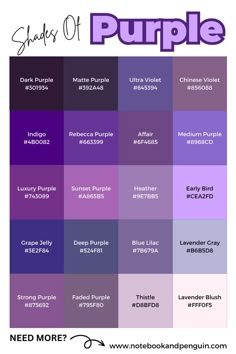 shades of purple with the words shades of purple in different font styles and colors on them