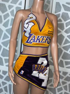 Custom Lakers Jersey two piece set Lakers Outfits Women, Laker Outfit Women Style, Jersey Party Outfit, Lakers Dress, Lakers Jersey Dress, Jersey Dress Outfit, Kobe Bryant Jersey, Jersey Party, La Lakers Jersey