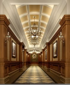 an empty hallway with chandeliers and paintings on the walls