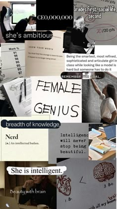 a collage of images with words and pictures on them, including an image of a woman's head