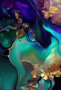 an abstract painting with gold and blue colors