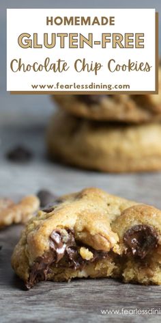 homemade gluten - free chocolate chip cookies stacked on top of each other with text overlay