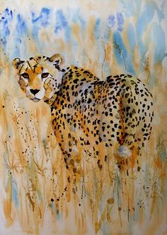 a painting of a cheetah standing in tall grass