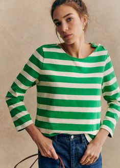 Long-sleeved organic cotton t-shirt;Round neckline closed by a shoulder button placket;Length from shoulder 60 cm / 23.6 in (for a S) Breton Shirt, Denim Suit, Stripe Long Sleeve, Polo Sweatshirt, Cotton Textile, Leather Dresses, Casual Summer Outfit, Parisian Style, Long Sleeve T Shirt