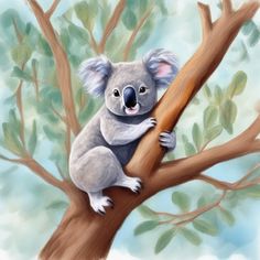 a painting of a koala sitting on a tree branch