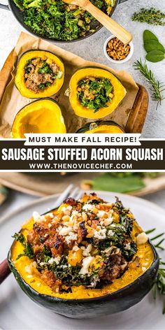 stuffed acorn squash with sausage and spinach is shown in two different pans