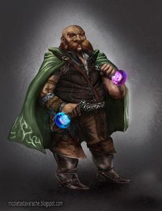 an old man with a green cape holding a purple ball in his right hand and standing on