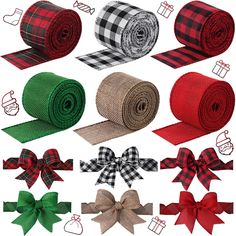 various bows and ribbons are shown in different colors, shapes and sizes for christmas decorations