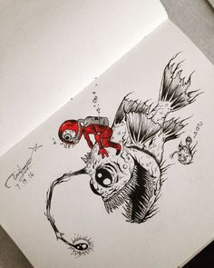 an ink drawing of a fish wearing a santa hat