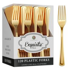 gold plastic forks in a box with the lid open to show it's fork size