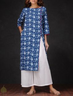 Buy Indigo White Natural dyed Dabu printed Cotton Kurta by Jaypore Women Kurtas Crush and dresses Online at Jaypore.com Blue Block Print Cotton Silk Kurta, Indigo Cotton Kurta With Block Print, Indigo Printed Straight Kurta Set, Indigo Block Print Kurti Designs, Indigo Print Kurtis, Ikkat Dresses, Long Kurti Designs, Cotton Kurti Designs, Kurti Designs Party Wear