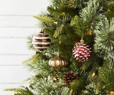 christmas ornaments hanging from the top of a pine tree