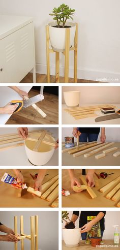 there are many pictures of different stages of making a planter with sticks and paint