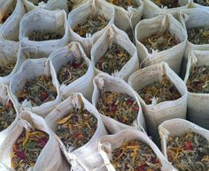 many bags filled with different types of herbs