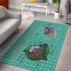 a living room area rug with an animal cell diagram on the front and back of it