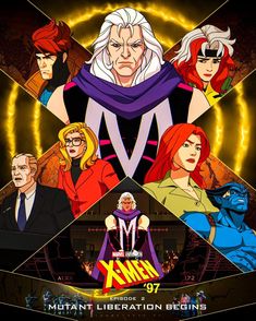 the x - men movie poster with many different characters in front of an orange light