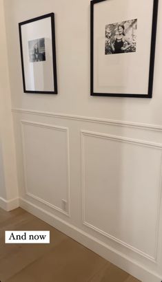 two black and white pictures hanging on the wall next to each other with text overlay that reads and now