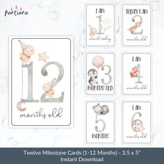 twelve months of birth cards with animals and numbers for the first month, including 1 to 3