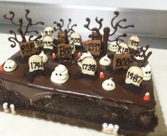 a chocolate cake decorated with halloween decorations