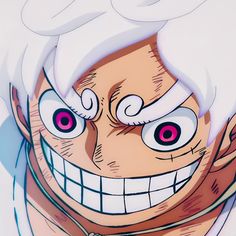 an anime character with white hair and big pink eyes looking at the camera while smiling