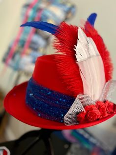 Patriotic inspired top hat with red, white and blue and a lot of sparkle Patriotic Red Hat For Memorial Day, Red Fedora Mini Hat For Party, American Style Red Hat For 4th Of July, Red Hat Ladies, Bluffton Sc, Uncle Sam, Red Hat, Costume Hats, Red Hats