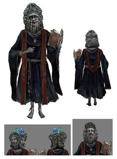 three different views of an old man in medieval clothing