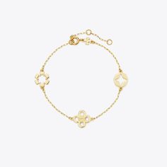 Kira Clover Bracelet: Women's Designer Bracelets | Tory Burch Tunjungan Plaza, Tory Burch Bracelet, Clover Bracelet, Tory Burch Kira, Designer Bracelets, Luck Charm, Luck Charms, Pretty Jewellery, Designer Jewelry