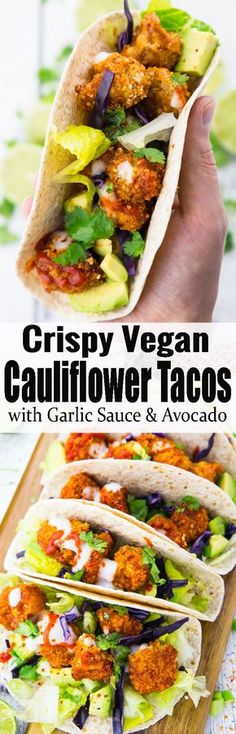 two images with the words cauliflower tacos vegan and super crispy