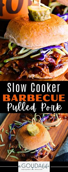 slow cooker barbecue pulled pork sandwiches on a cutting board