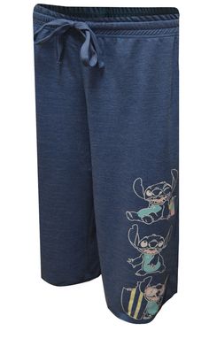 This is classic retro Lilo and Stitch! This cropped pant features outlines of Stitch in various poses, down the left leg. These bottoms are a super cozy knit fabric. They have a wide elastic waistband with a drawstring tie. Machine washable and easy care. Missy cut. Capri Style, Disney Lilo, Cozy Knit, Cozy Knits, Lilo And Stitch, Lounge Pants, Knit Fabric, Knitted Fabric, Capri