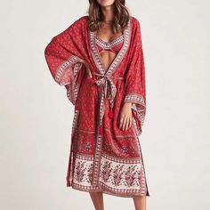 Women's Kimono | Eiyo Kimono Bohemian Printed Kimono For Beach Cover-up, Flowy Bohemian V-neck Kimono, Bohemian Kimono With Boho Print For Beach Cover-up, Bohemian V-neck Free Size Kimono, Hippie Printed Kimono For Beach Cover-up, V-neck Printed Kimono For Festivals, V-neck Boho Print Kimono For Beach Cover-up, Bohemian Tunic Cover-up For Festivals, Bohemian V-neck Floral Print Cover-up