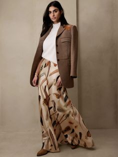 Eterno Silk Maxi Skirt | Banana Republic Printed Silk Skirt Outfit, Silk Maxi Skirt Outfit, Banana Republic Outfits, Brown Skirt Outfit, Silk Skirt Outfit, Silk Dresses Outfit, Printed Skirt Outfit, Long Silk Skirt, Maxi Skirt Fall