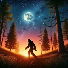 a bigfoot is walking through the woods at night with the moon in the background