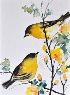 two birds sitting on top of a tree branch next to yellow and green leaves in watercolor