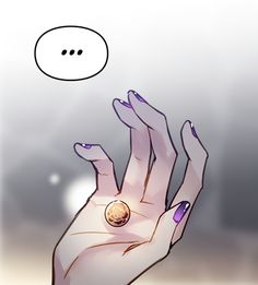 a woman's hand with a ring on it and a thought bubble above her