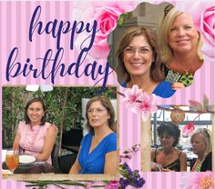 a birthday card with photos of women in front of flowers and the words happy birthday