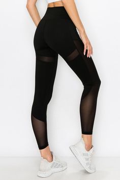 High waisted mesh decorated leggings made with lightweight, moisture-wicking power fabric. Featuring high elasticity and thick fabric that is squat proof, sweat-wicking and a tummy flattening waistband with a hidden pocket!• Mesh detailing• Squat Proof• Soft and stretchy• Moisture wicking fabric• Fits like a glove• 4-way-stretch fabric for a move-with-you feel• Tummy-flattening waistband with interior hidden pocket• Flat lock seams prevent chafing• 83% Nylon 17% Spandex High Waist Nylon Yoga Pants For Training, High Waist Nylon Tights For Sports, High Waist Nylon Leggings For Sports, High Waist Nylon Leggings For Gym, Tight Nylon Sportswear Yoga Pants, Nylon Athleisure Bottoms For Light Exercise, High Waist Nylon Activewear For Sports, Athleisure Nylon Bottoms For Light Exercise, High Waist Nylon Activewear For Training