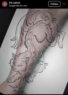 Magical Cat Tattoo, Spooky Animal Tattoos, Long Haired Cat Tattoo, Cat Shoulder Tattoo, Animal Hip Tattoo, Cat Tattoo Hand, Cat Tattoo Designs Unique, Fluffy Cat Tattoo, Three Headed Dog Tattoo