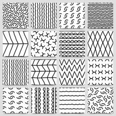 a set of nine black and white geometric patterns on a sheet of paper, each with different designs