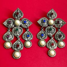 St9 Tibetan Huge Vintage Earrings. Multicolor Rhinestones And Faux Pearls. Antique-Finish Tibetan Silver Metal. Excellent Vintage Condition With Some Wear N Natural Tarnish B Patina. It’s 30 Grams/ Piece Heavy! Eye Catching, Totally Awesome Items!! Great For Parties, Weddings Etc I Don't Polish Item & Just Send As Is. You Can Polish Whenever You Wish Price Is Firm Item Only (Unless I Mention Abt Packaging Or Tag) But Wrapping Safely Enlarge/See Pics To Check Size & Condition All Sales Are Final. Totally Awesome, Antique Finish, Cool Items, Vintage Earrings, Faux Pearl, Metallic Silver, Vintage Ladies, Vintage Jewelry, Jewelry Earrings