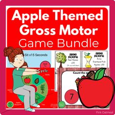 an apple themed gross motor game bundle with the words, apples and other things in it