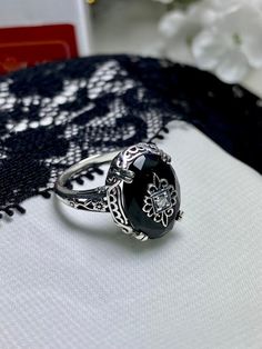 Onyx-black Ring Sterling Silver/ Embellished CZ Moissanite - Etsy Edwardian Ring, Onyx Crystal, Edwardian Jewelry, Filigree Jewelry, Filigree Ring, Onyx Ring, Silver Filigree, Black Crystals, Crystal Rings