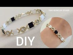 the diy beaded bracelet with black and white beads is shown in this video