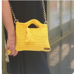 "-Yellow Bag, Summer Bag, Gift for Women, Crochet Bag,  Handmade Bag, Style Bag -  -This handmade bag is crocheted from macrame yarn. -I prepare all my product myself for you. 😊 -Buyers are responsible for any applicable customs and import taxes. We are not responsible for delays caused by customs. Discover the excellence of my handmade crochet bags on Etsy! Each bag is meticulously crafted with love and care, resulting in a unique accessory that exudes charm and character. Elevate your style with these beautifully. Handcrafted with love for you. ITEM DETAILS -Name:  Georgia Small Bag -Knitted handbag with naturel yarn and cotton yarn. -Handcrafted with needle -Handcrafted -Width: 23 cm - 9\" -Length: 18 cm - 7\" -Chain Handle: 120 cm - 47,2--\" --Lightweighted, durable, sustainable shoul Yellow Clutch Shoulder Bag For Shopping, Yellow Rectangular Shoulder Bag With Chain Strap, Yellow Clutch Shoulder Bag For Daily Use, Yellow Bag With Chain Strap For Everyday Use, Yellow Bags With Chain Strap For Everyday Use, Yellow Shoulder Bag With Chain Strap For Travel, Yellow Square Shoulder Bag With Handles, Yellow Clutch Shoulder Bag With Chain Strap, Yellow Crochet Shoulder Bag For Travel